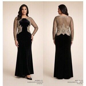 ​NWT Xscape Black Velvet Evening Gown Size 14 Gold Lace Mesh Long Sleeve Formal